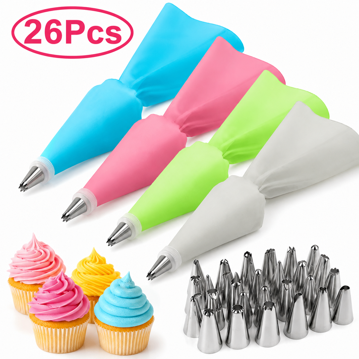 Reusable Silicone Pastry Bag Set with 24 Cake Nozzles