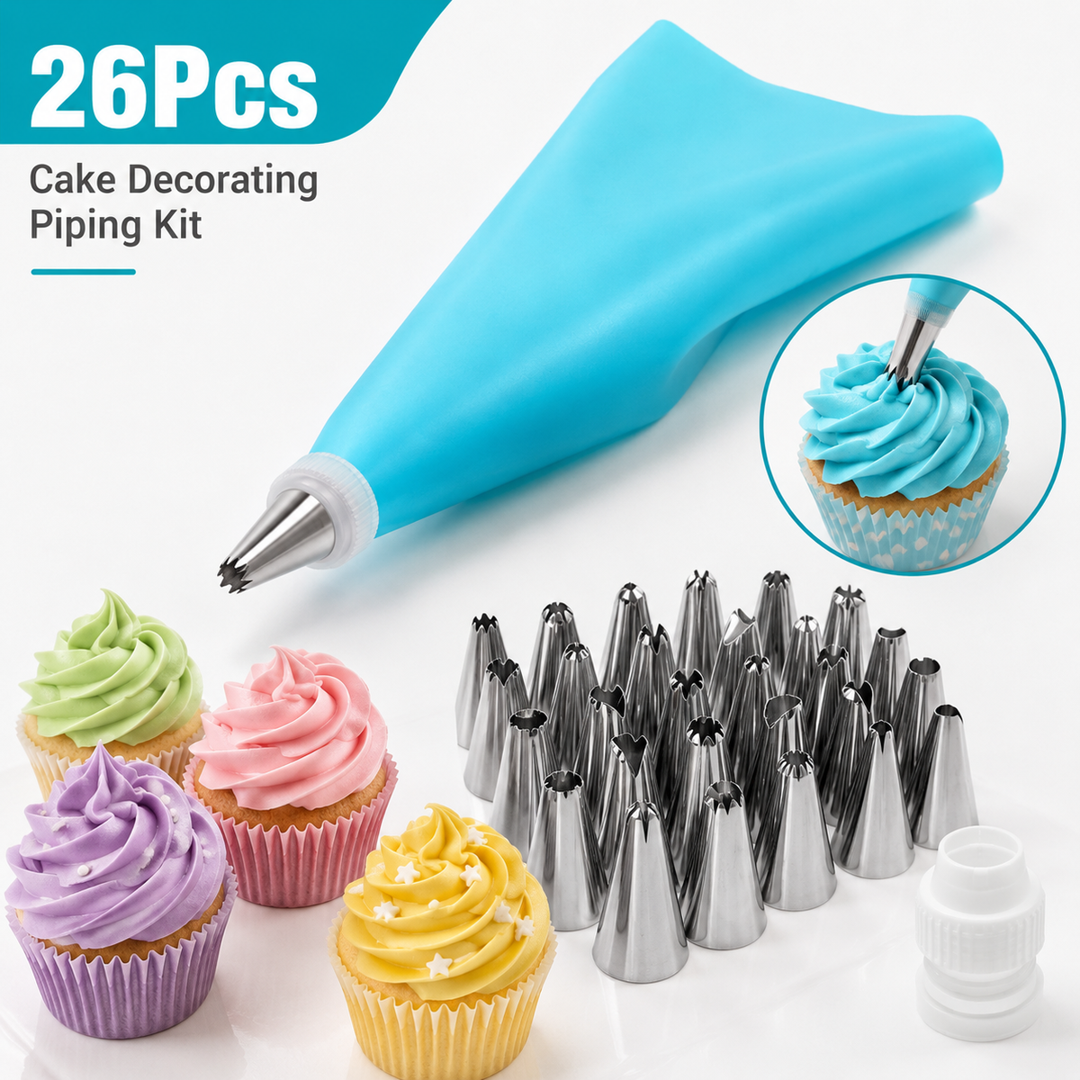 Reusable Silicone Pastry Bag Set with 24 Cake Nozzles