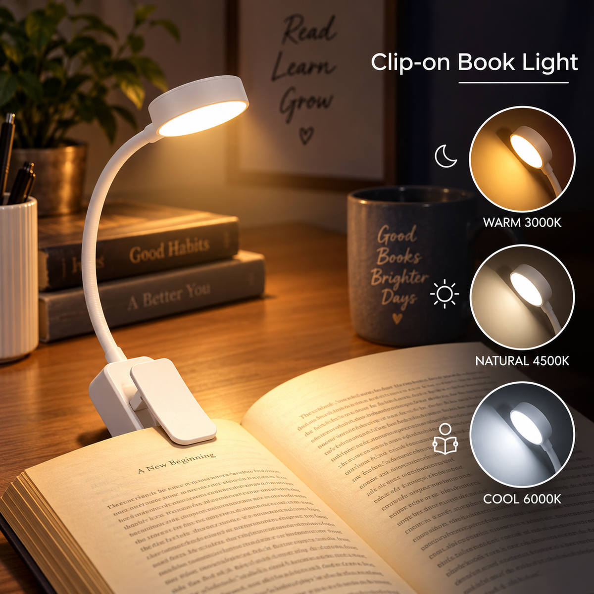 Portable LED Clip-On Book Light with Dimmable Modes