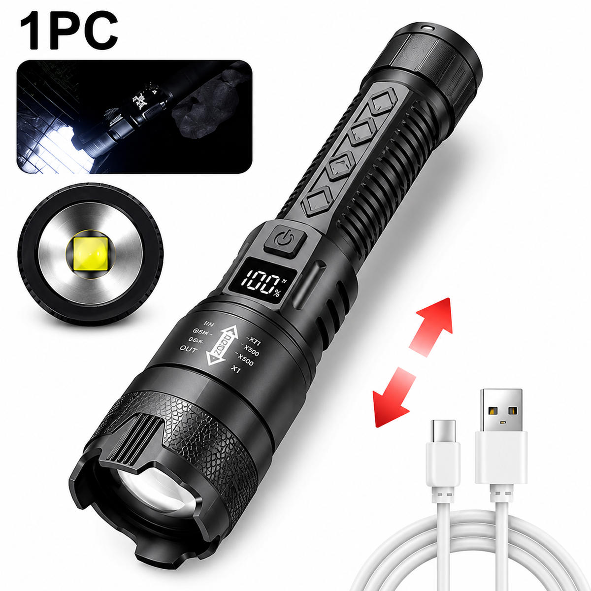 Rechargeable LED Flashlight with Zoom, LCD Display & USB
