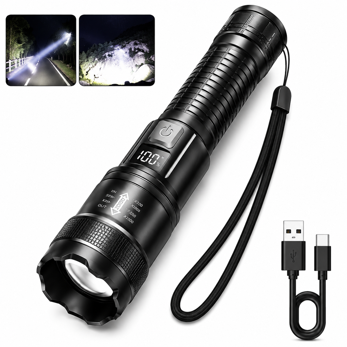 Rechargeable LED Flashlight with Zoom, LCD Display & USB