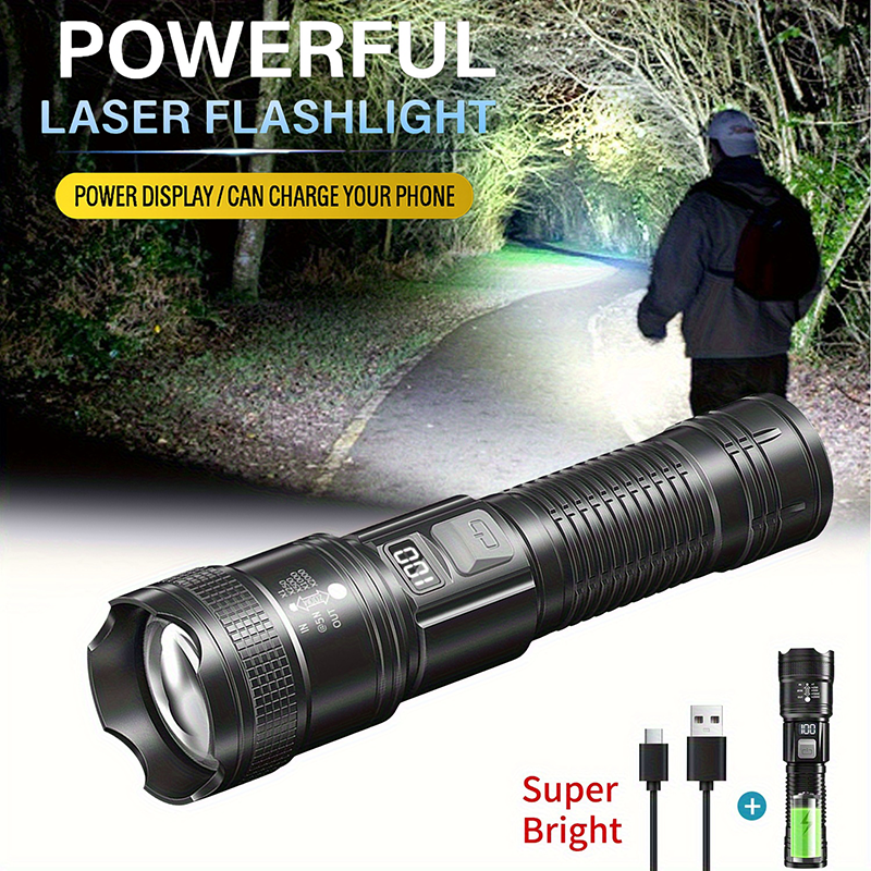 Rechargeable LED Flashlight with Zoom, LCD Display & USB